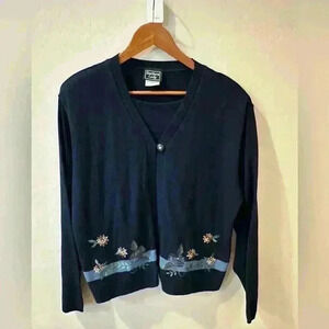 Ladies VINTAGE SOUTHERN LADY SWEATER LAYERED CARDIGAN BLUE WITH FLORAL DESIGN XL